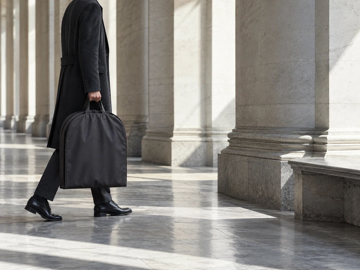 A person in a charcoal coat carrying a plain garment carrier through a sunlit passage.